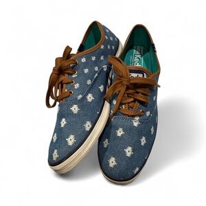 Keds Women's Blue Patterned Sneakers with Brown Laces